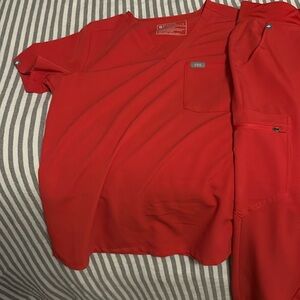 FIGS Red Small top one pocket- small petite joggers gently worn